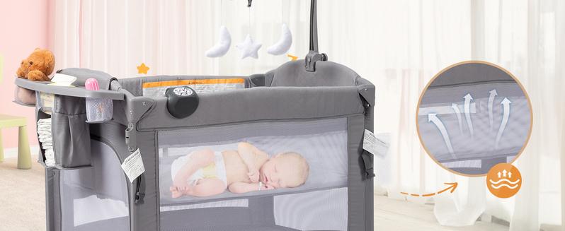 JOYMOR 9 in 1 Bedside Bassinet with Changing Table, Pack and Play with Bassinet, Convert to Rocking Baby Bed with Electric Music Center, Mosquito Net, Toy, Storage