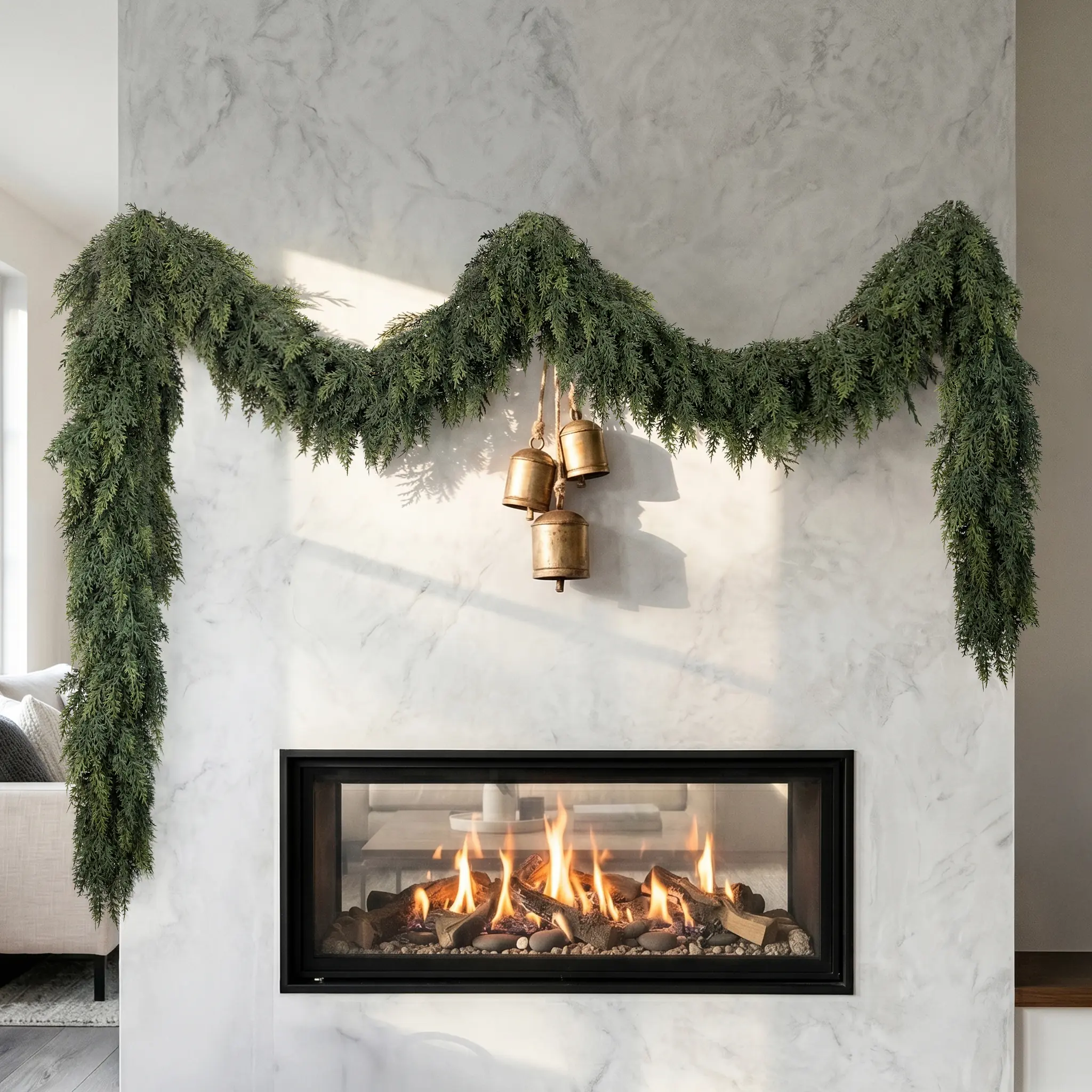 HIAGROW 9FT Artificial Cedar Garland No Lights Included, Realistic Christmas Garland with Lifelike Cedar Branches, Faux Greenery Vine for Fireplace Mantel, Staircase, Porch & Holiday Decorations