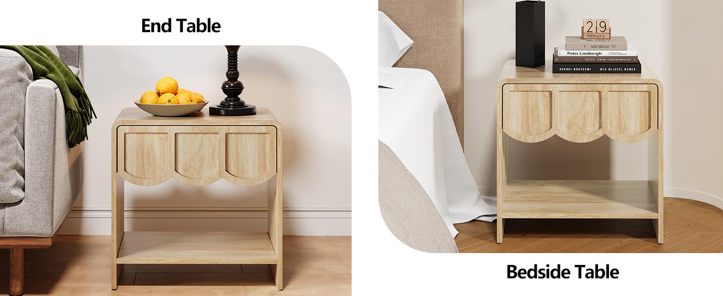 Giratree Small Night Stand, Mid Century Modern Farmhouse Wood Nightstand with Wave Panel Drawer, Bed Side End Table for Small Space, Living Room