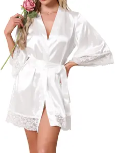 INSPIRE CHIC Women's Satin Robe Silky Lace Trim Bridal Party Tie Waist Wedding Bridesmaid Bathrobe