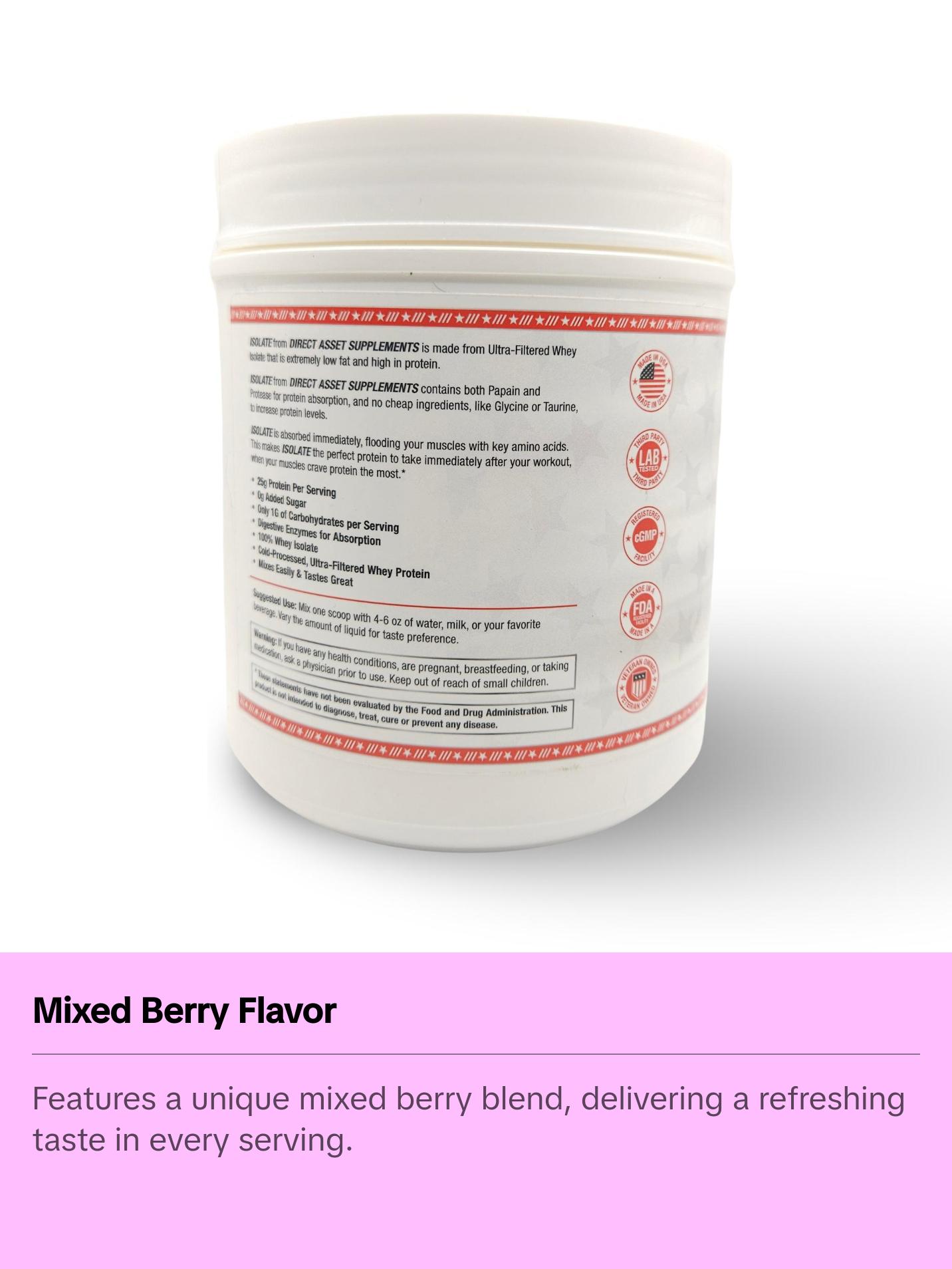 Direct Asset Whey Isolate Mixed Berry Protein 200g - Mixed Berry Blend for Dietary Supplementation, Ideal for Fitness and Health