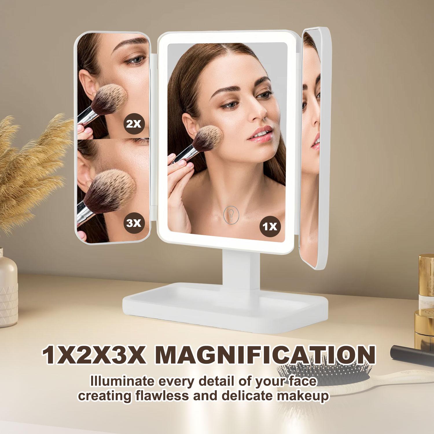 Foldable LED Makeup Mirror with 3 Light Modes(White/Warm/Natural Light),2X/3X Magnification,Adjustable Brightness Dimmable Touch Control,360° Rotating,Gift Box,Perfect Gift for Her, Portable Foldable LED Makeup Mirror with 3 Light Modes(White/Warm/Natural Light),2X/3X Magnification,Adjustable Brightness Dimmable Touch Control,360° Rotating,Gift Box,Perfect Gift for Her, Portable
