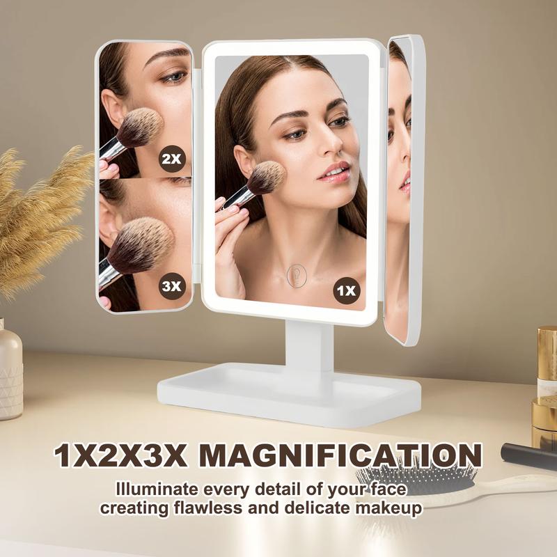 Foldable LED Makeup Mirror with 3 Light Modes（White/Warm/Natural Light），2X/3X Magnification，Adjustable Brightness Dimmable Touch Control，360° Rotating，Gift Box，Perfect Gift for Her， Portable