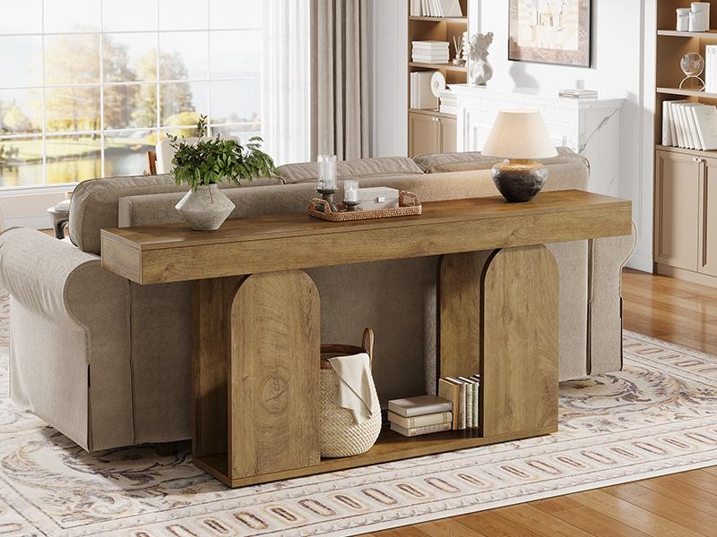 Tribesigns 70.9-Inch Extra Long Farmhouse Console Table, 2-Tier Wooden Entryway Console with Storage Shelf, Sofa Table Behind Couch for Hallway, Living Room, Entrance, Light Brown