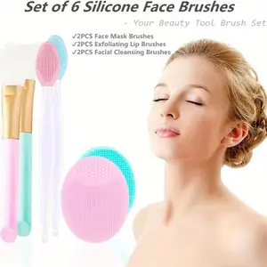 6Pcs Mini Exfoliating Brush Set, Exfoliator Blackhead Light Beige Care Tool, Face Cleansing Brush, 2pcs Silicone Face Scrubbers, 2pcs Face Mask Brush, 2pcs Exfoliating Lip Brush, Skincare Tool, Daily Skincare Routine
