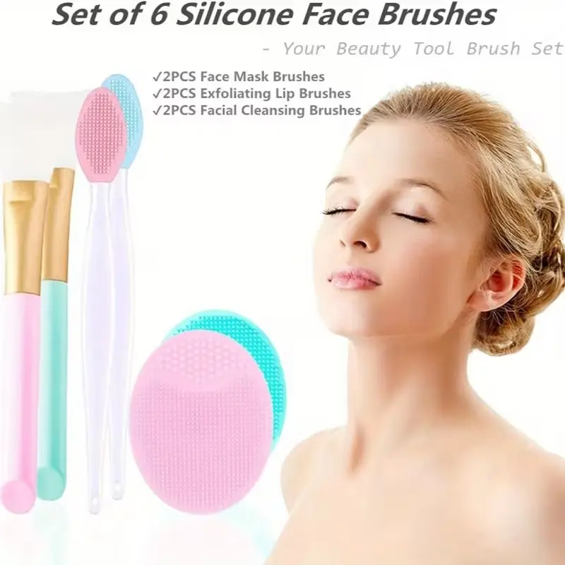 6Pcs Mini Exfoliating Brush Set, Exfoliator Blackhead Light Beige Care Tool, Face Cleansing Brush, 2pcs Silicone Face Scrubbers, 2pcs Face Mask Brush, 2pcs Exfoliating Lip Brush, Skincare Tool, Daily Skincare Routine