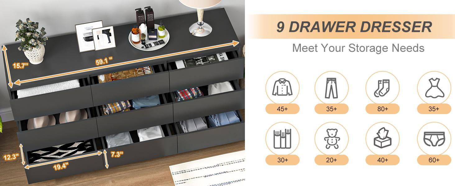 Spaco Modern Wide Black Dresser with 9 Drawers,Chest of Drawer Storage Cabinet for Clothes,Bedroom Storage Organizer Night Table for Bedroom,Closet Spaco Modern Wide Black Dresser with 9 Drawers,Chest of Drawer Storage Cabinet for Clothes,Bedroom Storage Organizer Night Table for Bedroom,Closet