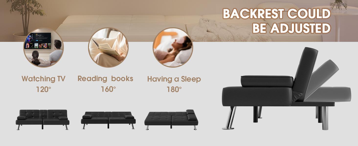 Futon Sofa Bed, Leather Futon Couch with Removable Armrests, Adjustable Recliner Sleeper Sofa Bed with Dual Cup Holders for Living Room, Apartment, Office (Black)