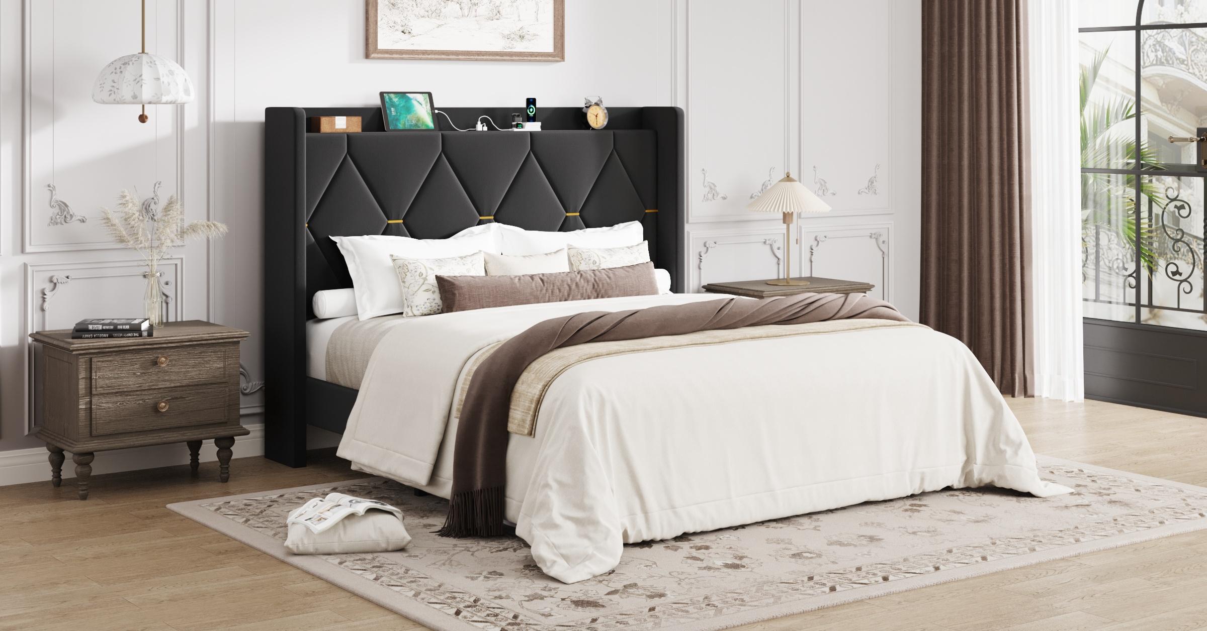 HOOMIC Modern Velvet Upholstered Platform Bed Frame【Frame Only No Mattress】with USB Charging Station and Storage Headboard-Full/Queen/King Size,Diamond Tufted Wingback Design with Gold Trim,No Box Spring Needed,Grey/White/Black