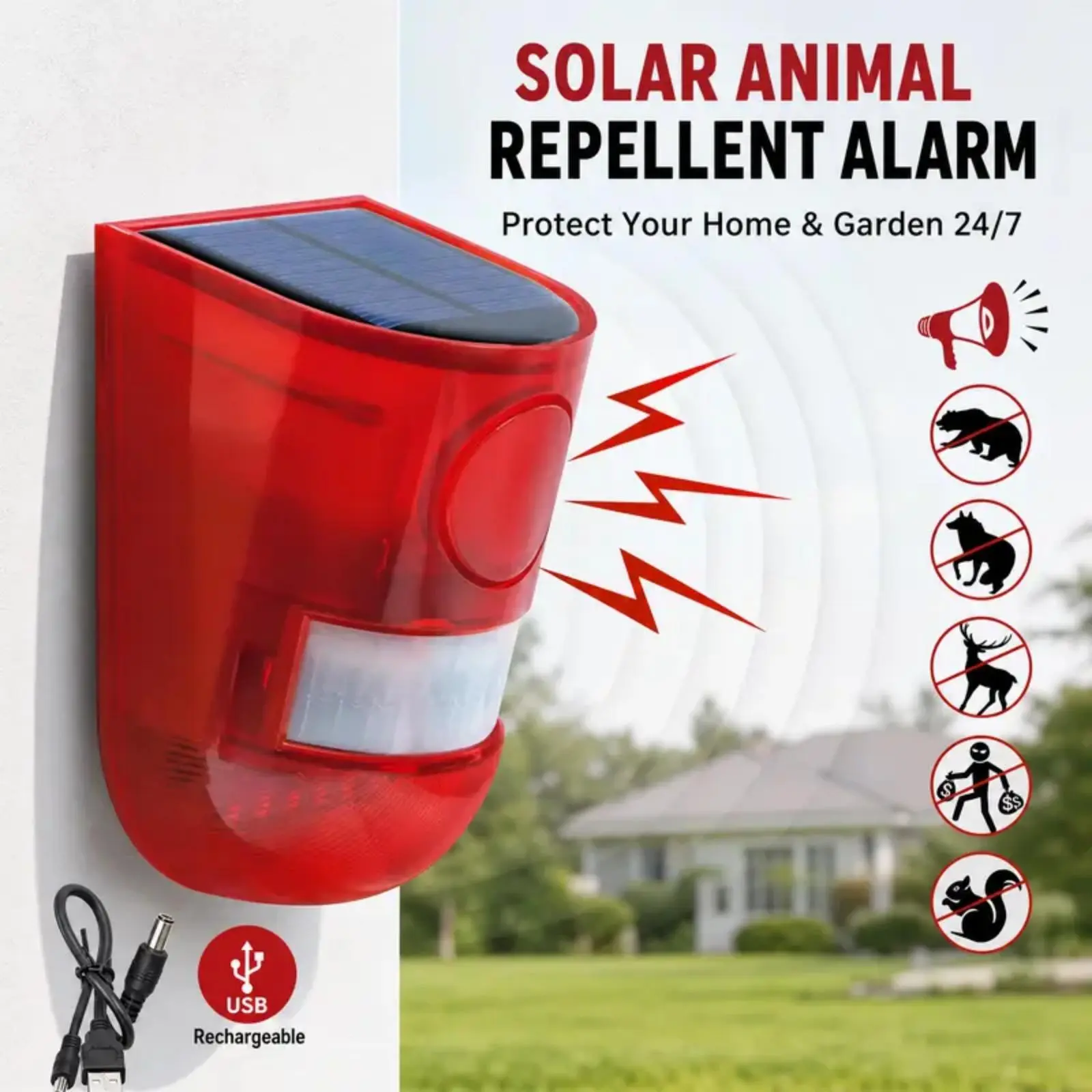 Wireless Driveway Alarm Home Security System - 129dB Alarm Horn, IP65 Weatherproof Outside, Solar-Powered with Panel, Motion Sensor, Flashing Strobes, Adjustable Outdoor Light for Farm, Yard, Home Security Systems