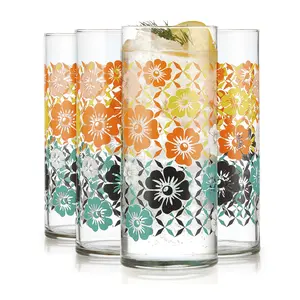 Libbey Vintage Flower Drinking Glasses Set of 4, Colorful, Retro Floral Design Glass Cups Set, Dishwasher Safe Water Glasses Set for Beverages