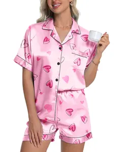 DAKIMOE Womens Silk Satin Pajama Set Valentines Pajamas Short Sleeve Shirt with Shorts 2 Piece Pjs Sets Soft Silky Sleepwear Nightwear Button-Down Loungewear S-XL