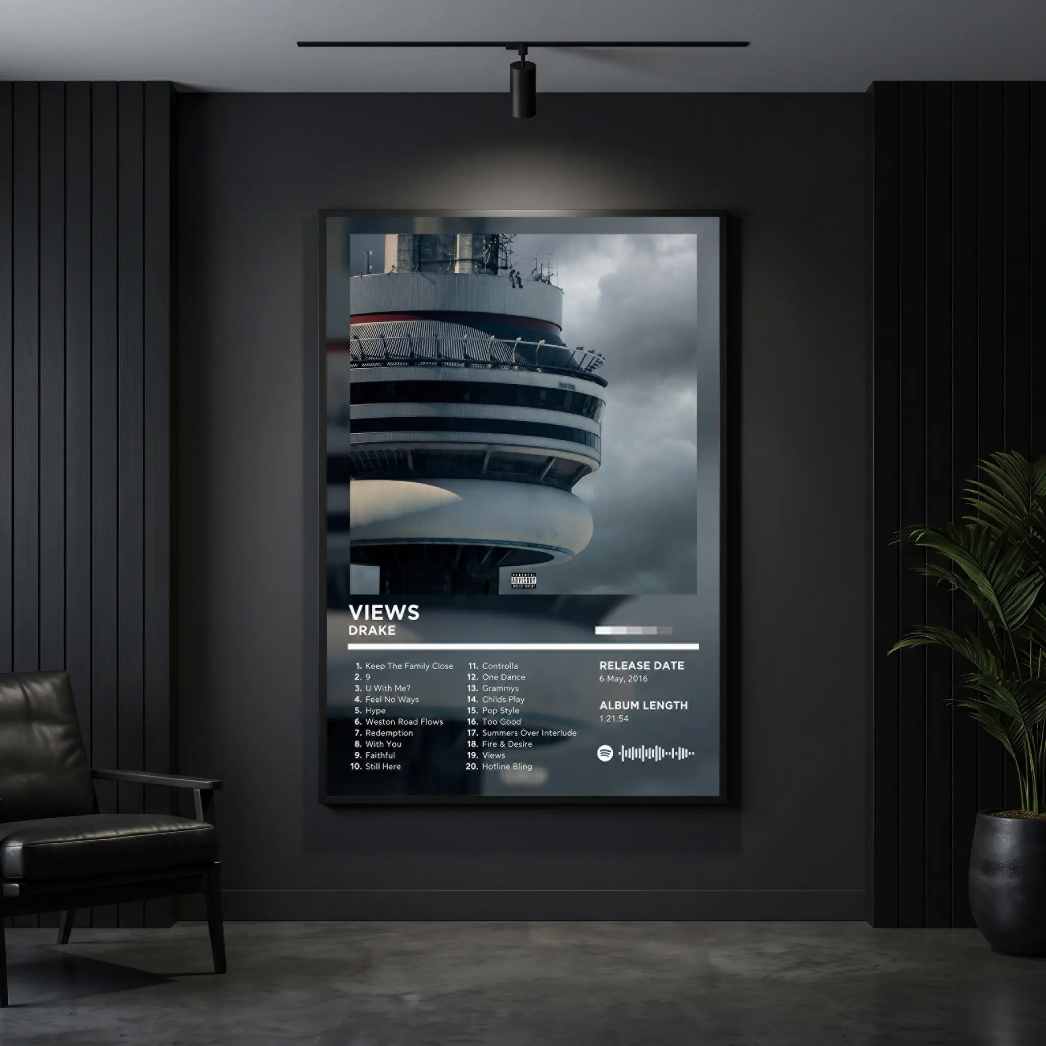 Drake - Views Music Album Canvas Wall Art Moody Overcast CN Tower Classic 2016 Rap Album Wall Art for Teen Student Hip Hop Hangout Decor