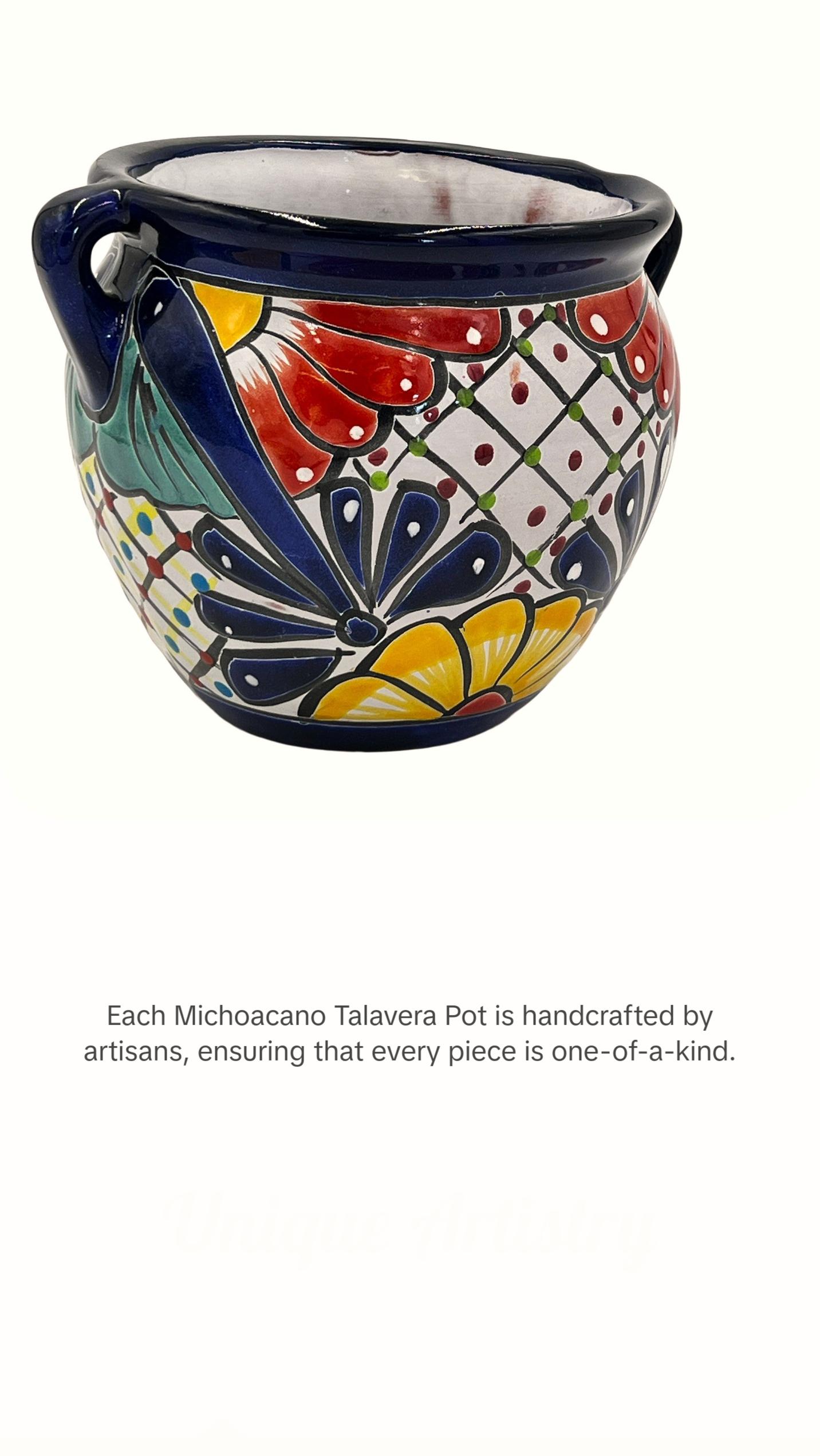 Michoacano Mexican Talavera Garden Pot - Dark Blue Trim
