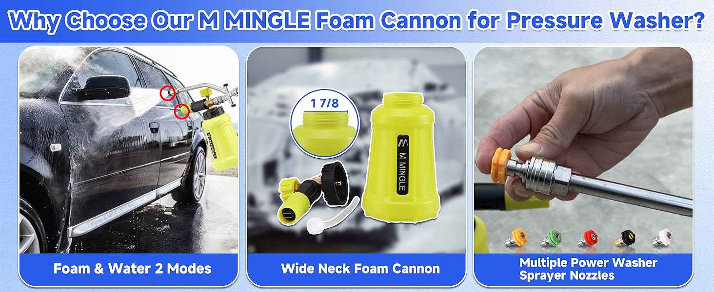 M MINGLE Foam Cannon Kit for High Pressure Washer with Dual Connector Accessory, 1 Liter Large Capacity Thick Foam Car Wash Blaster 5 Nozzle Tips 1/4 Quick Connect for Efficient Cleaning, ChristmasGift
