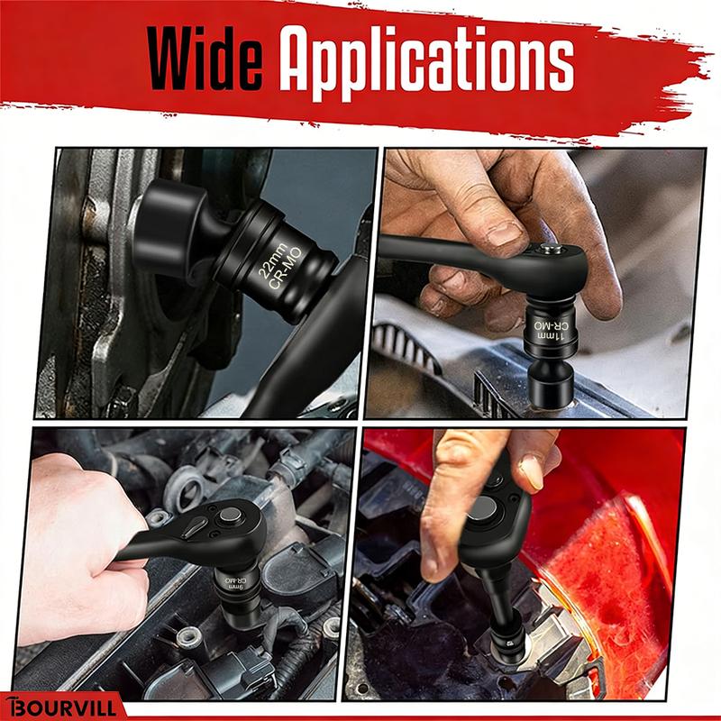 15-Piece 3/8" Drive Shallow Universal Impact Socket Set, 6-Point, Metric, 8-22mm, 15-Piece Swivel Socket Set, Metric Flexible Wobble Sockets, CR-MO Steel