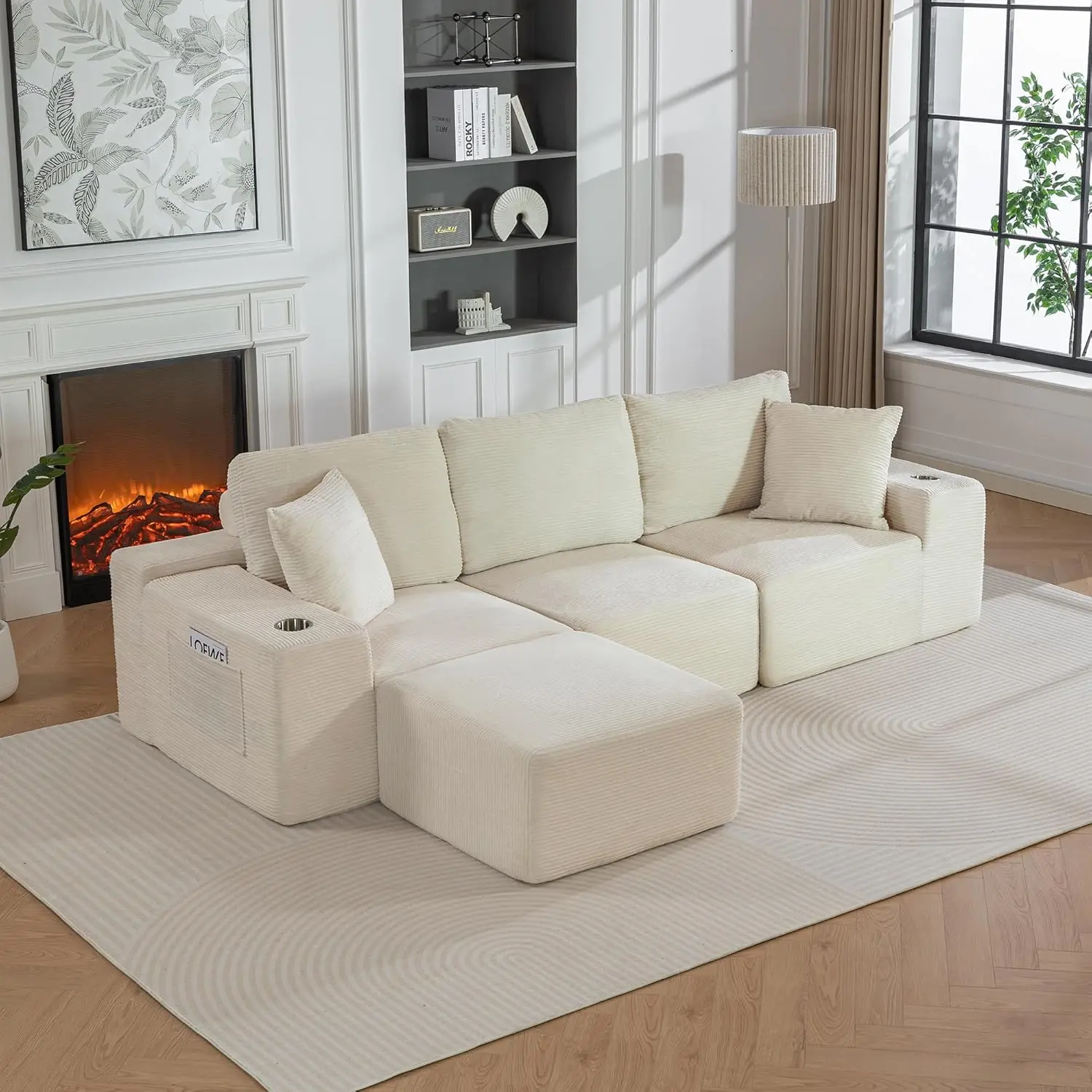 [tiktokshopbacktoschool] Vabches 110" Modular Sectional Sofa Couch, 3-Seat Oversized Convertible L-Shape Cloud Couch with Chaise & Ottoman, Compressed Foam, Comfy Boneless Design, Side Pockets, Cup Holders, Corduroy Beige for Living Room, Apartment