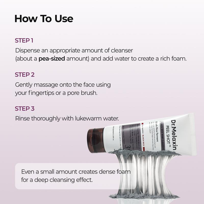 [Dr.melaxin Official] Peel Shot Black Rice Mochi Whip Cleanser 100ml formulated for blackheads, clogged pores, excess sebum, and dull skin