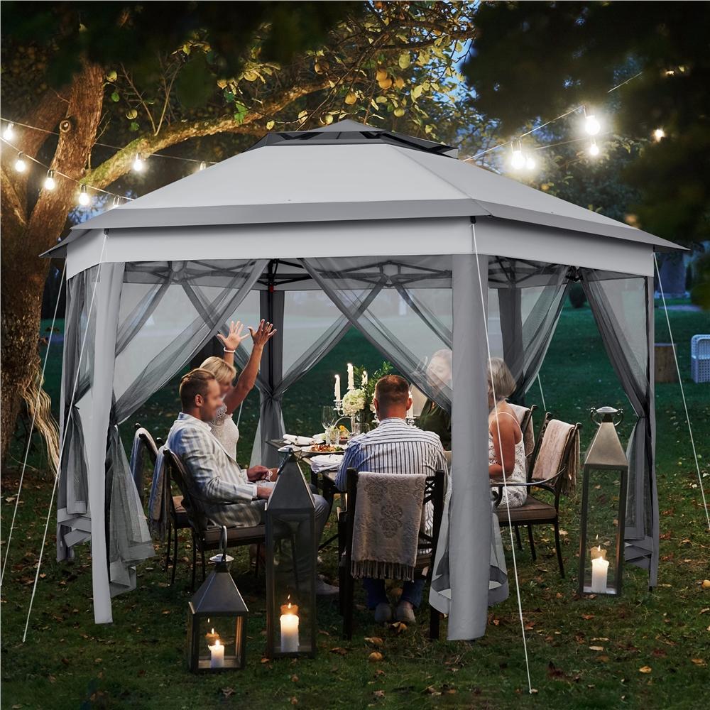 【Button Lift&Lock】Yaheetech 13x13 Pop up Gazebo, Hexagonal Outdoor Canopy Shelter, Instant Patio Gazebo Sun Shade Canopy Tent with Double Tiers & Mesh Netting for Lawn, Garden, Backyard & Deck