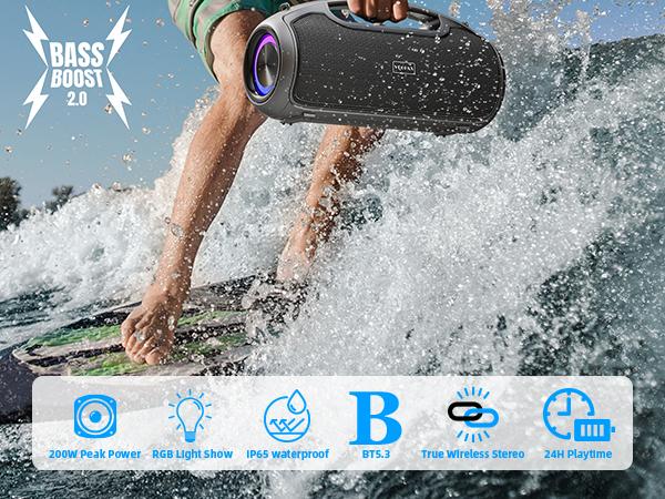 Vocan Portable Bluetooth Speakers 200W Peak Sound Deep Bass IP65 Waterproof Outdoor w 2 Subwoofer Tweeter DSP Bass Boost Fast Charging TWS TF USB AUX 24H Playtime Audio