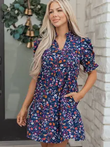 Blue Wild Daisy Floral Split Neck Short Puff Sleeve Mini Dress, Crafted From A Breathable Cotton-Blend Fabric In A Relaxed Silhouette.