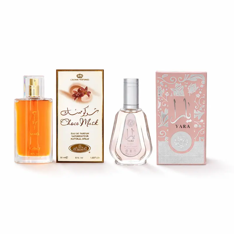 Women's Perfume Arabian Scent 2-Pcs Set - Al Rehab Choco Musk & Lattafa Yara Eau De Parfum, 50ML Each, Sweet Vanilla Perfumes & Fruity Floral Scent, Romantic Gifts for Her