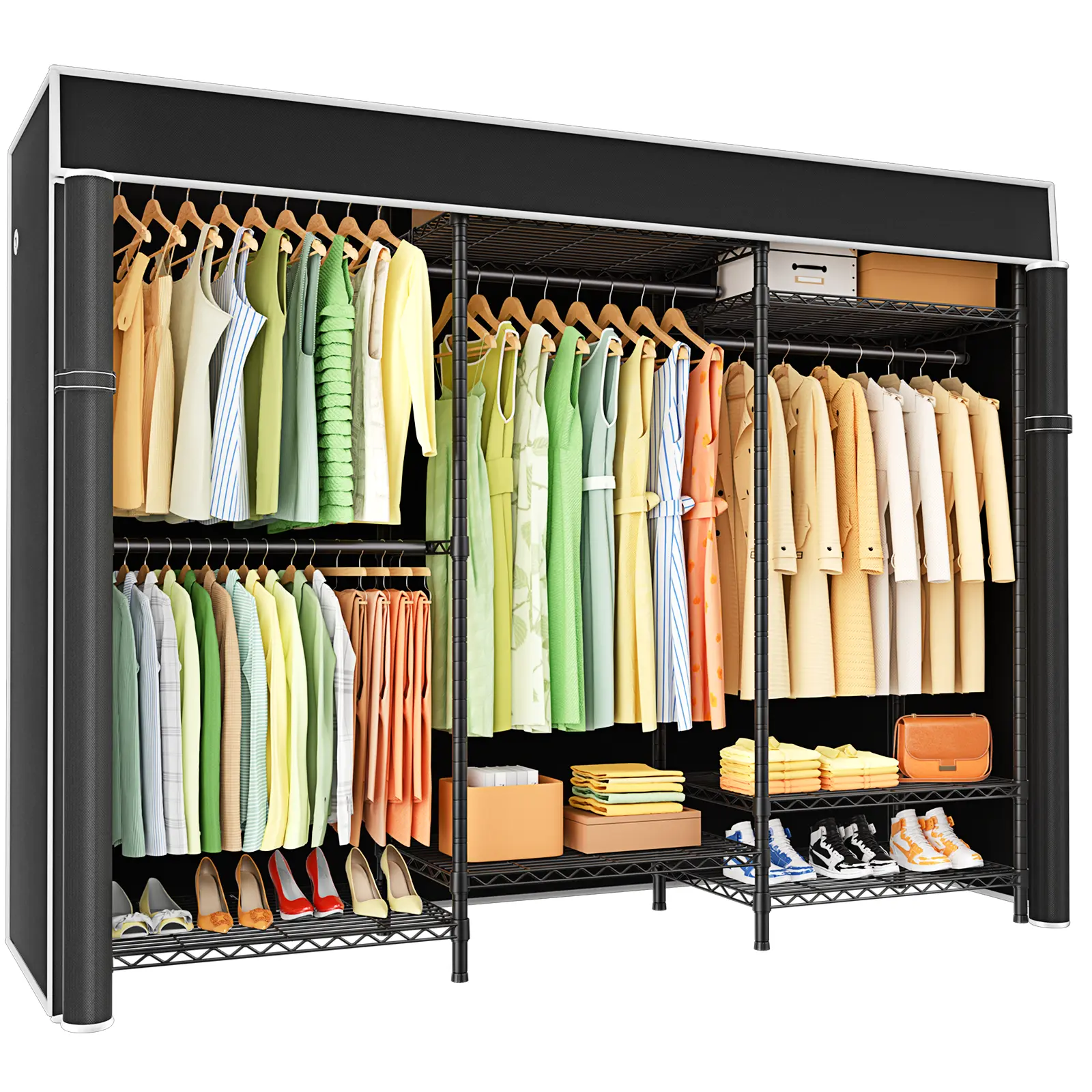 Ulif Heavy Duty Wardrobe Cabinet - Freestanding Portable Closet Wardrobe, Adjustable Storage Furniture, 63"W x 16"D x 77"H, 960 lbs Weight Capacity, with Dustproof Cover, Black Closet Storage, Adjustable Organizer Wardrobes