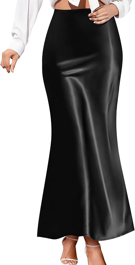 Maxi Skirts for Women Elegant Black Satin Skirt Midi Skirt Fall Skirts for Women 2024 High Waisted Long Skirts Work Skirts