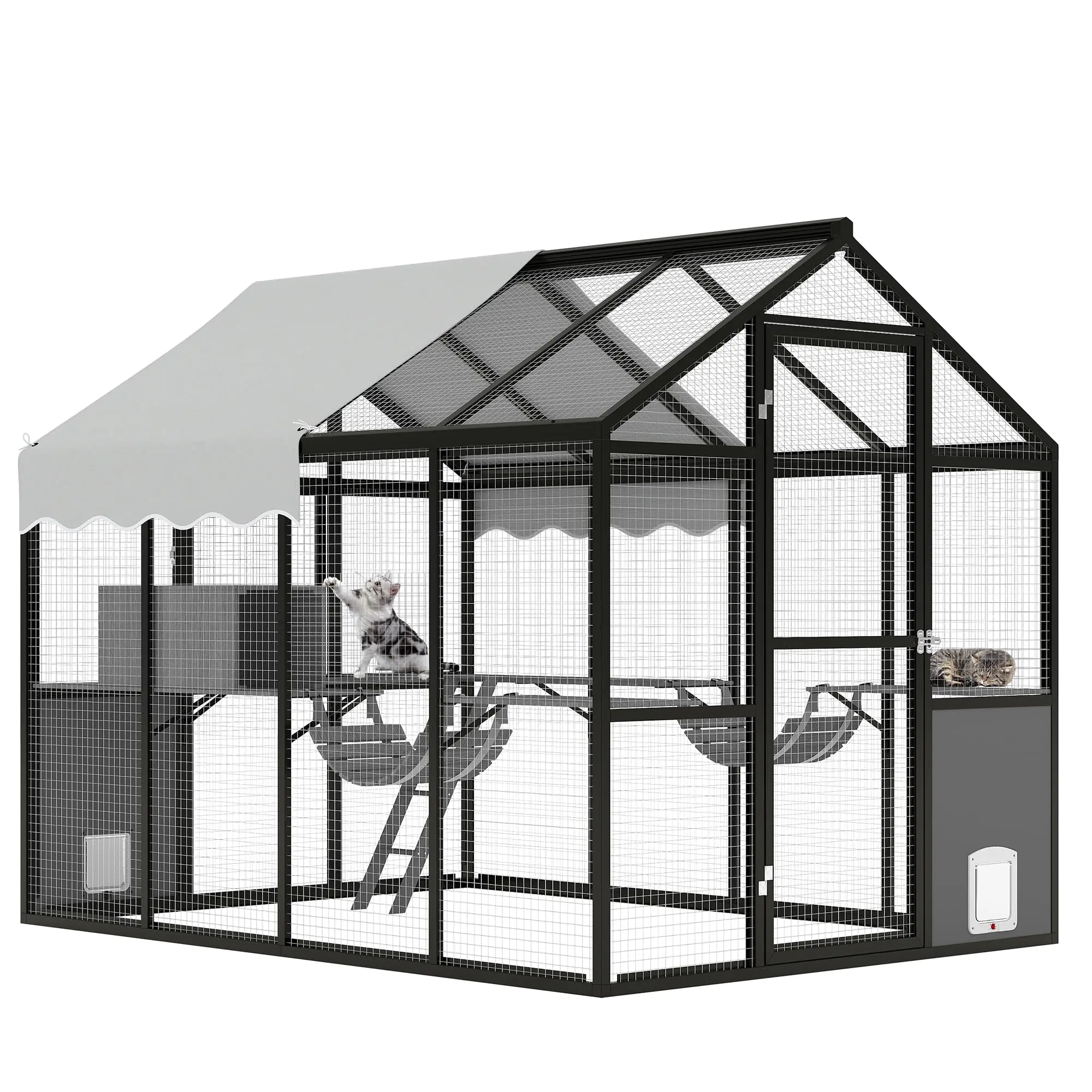 Extra Large Aluminum Walk-in Catio Enclosure, Outdoor Multi-Cat Run with UV-Proof Cover, Side Door, Channels & Platform, Spacious Outdoor Cat Playpen