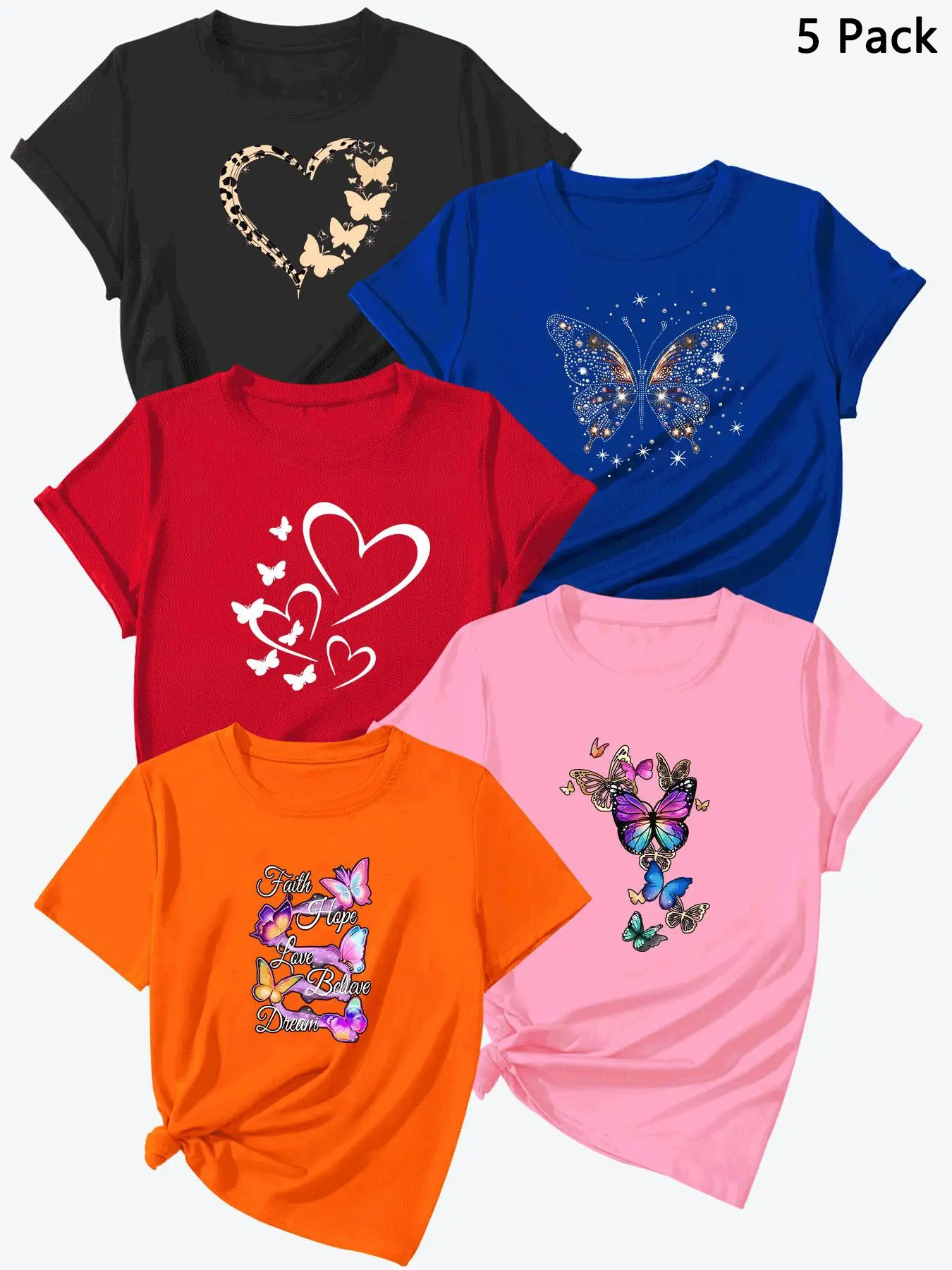 Summer New Trendy Butterfly Print, Blue 100% Polyester, Comfortable Daily Wear, 5 Pieces Set, Casual Fashion