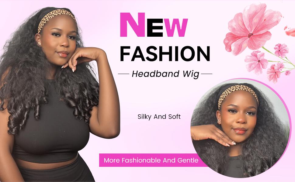 New Afro Headband with Curly in the End Wig Synthetic Hair Texture with Unique Bouncy Curls in the End 20 Inch Soft Curly Full Hair Headband Wigs Synthetic for Women No Leave out Glueless Wig