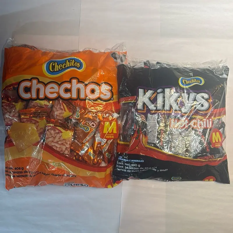 Chechitos Botaneros . Individual bags. Each bag comes with 24 individual bags. Choose from Chechos Cheddar flavor and Kikys Hot Chili.