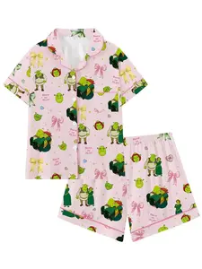 Teen Shrek Movie Cute Bow Collar Short Sleeve Pajama Set, Comfortable Sleepwear for All Seasons, Princess Fiona Gift, Loose-Fitting