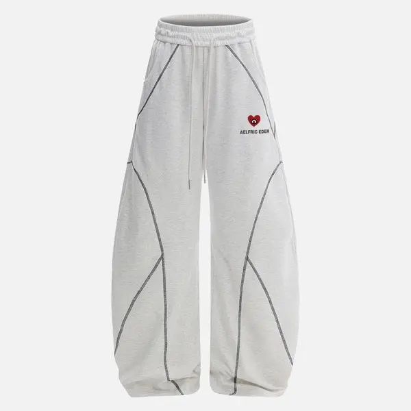 Aelfric Eden Men's Vintage Streetwear Wide Cotton Blend Sweatpants - Unisex Loose Casual Stitch Barrel Clothes, Contrast Curved Stitching, Elastic Waist & Drawstring, All Season Street Style Joggers, Fabric Men's Bottoms, Basic, Loose Casual Jogger