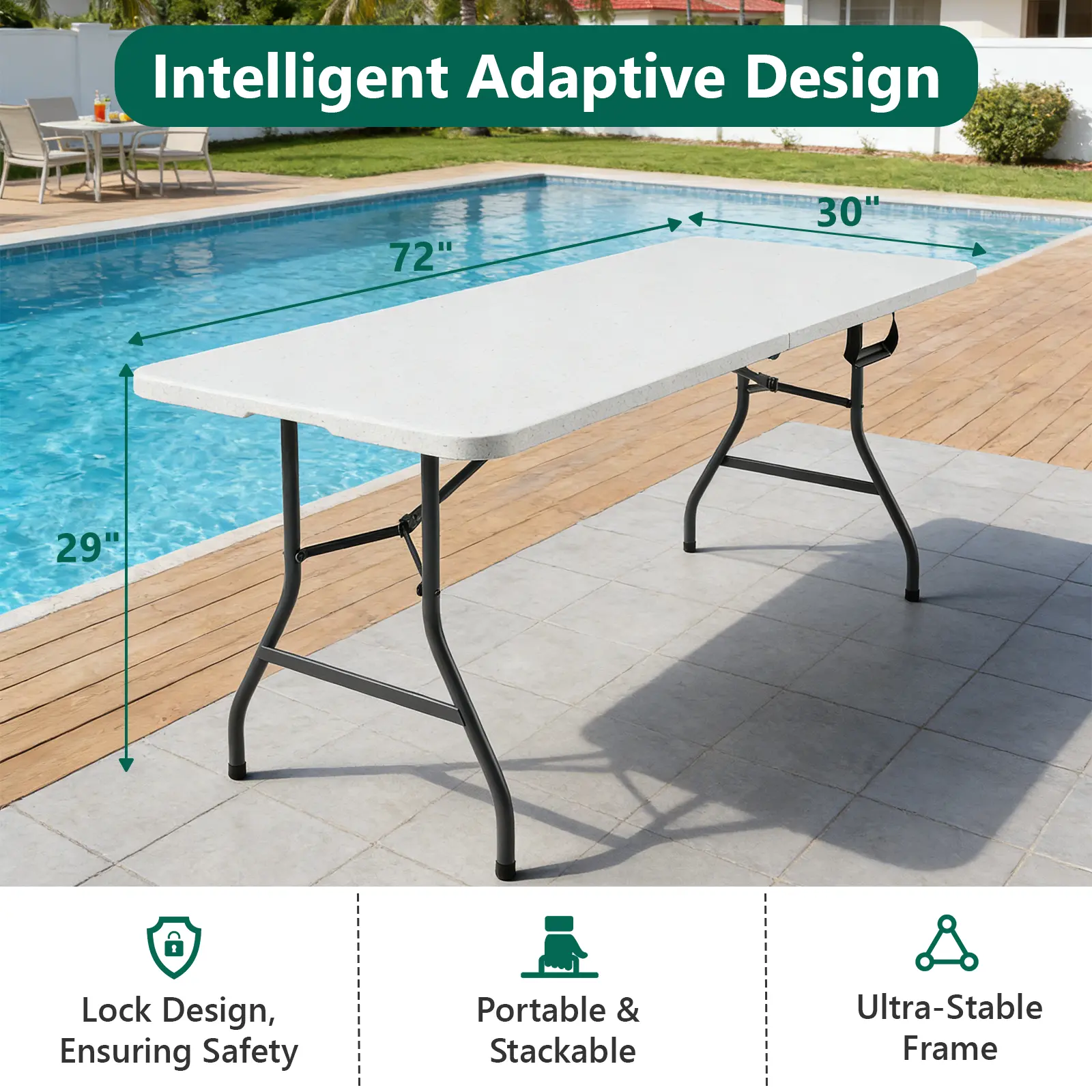 6FT Plastic Folding Table, Portable Picnic Table Outdoor with Built in Handle & Steel Legs, for Party, Dining, Wedding, Events, Picnic Indoor, Outdoor, Camping, Utility, Folding