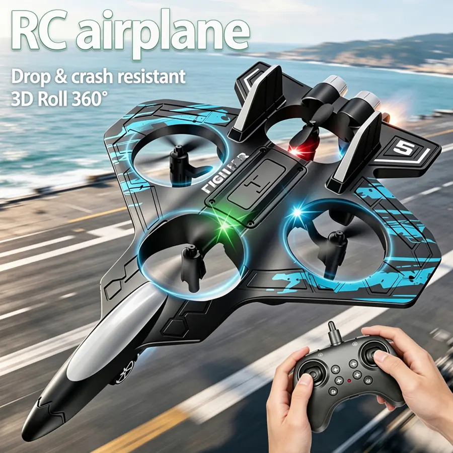 RC Airplane Foam Fighter Remote Control Aircraft, 4-Blade Propellers Glider Drone with Gravity Control, 360° Stunt Flips, Hobby Flying Toy