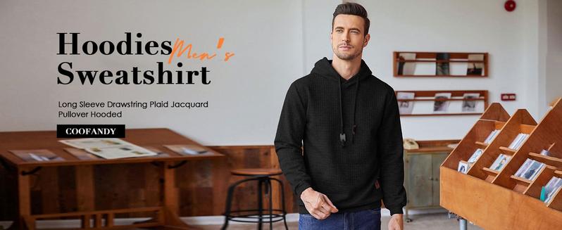 Mens Hooded Sweatshirt Casual Long Sleeve Drawstring Waffle Knit Pullover Hoodies Knitwear Tops (Without Pockets)