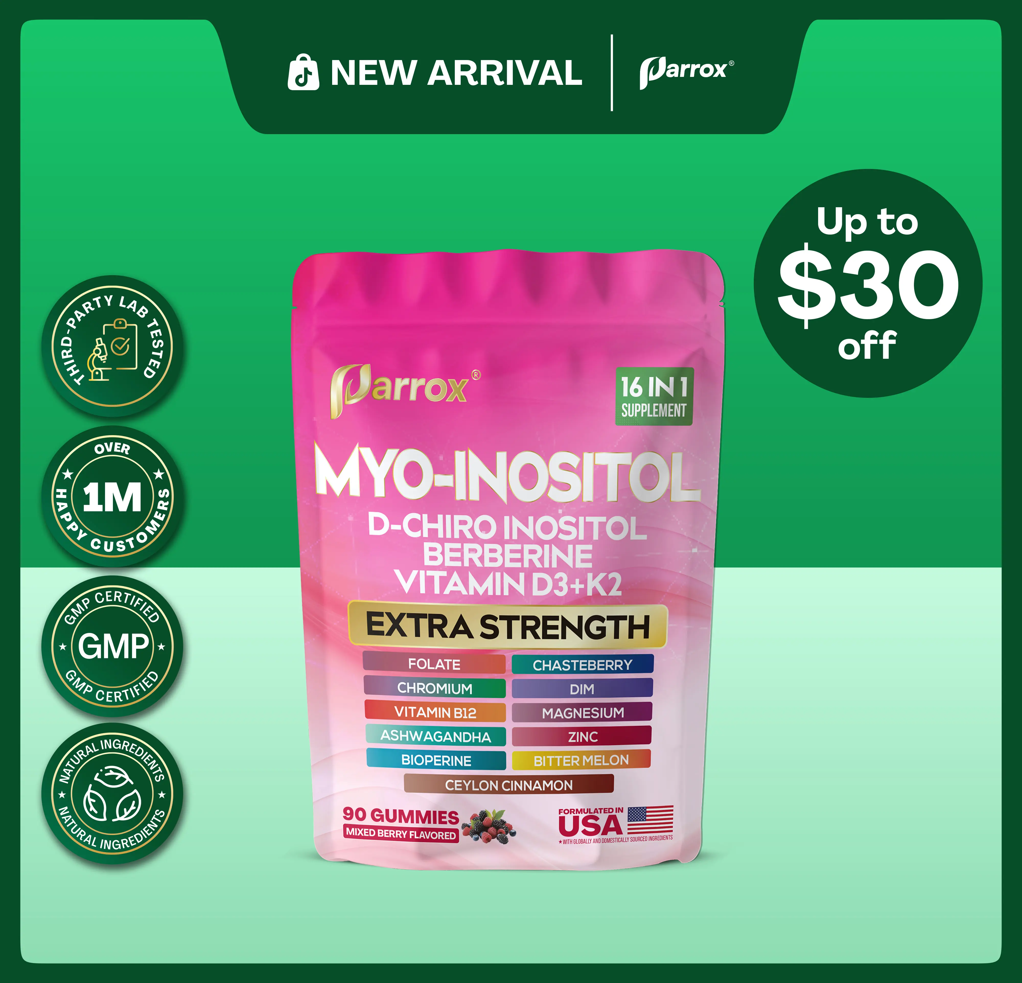 Parrox Myo-Inositol Gummies (Mixed Berry Flavored) - Women's Hormones & Cycle Support Dietary Supplement - with D-Chiro Inositol & Extra Strength Ingredients for Fitness & Healthcare - 90 Edible Gummies - MADE IN USA