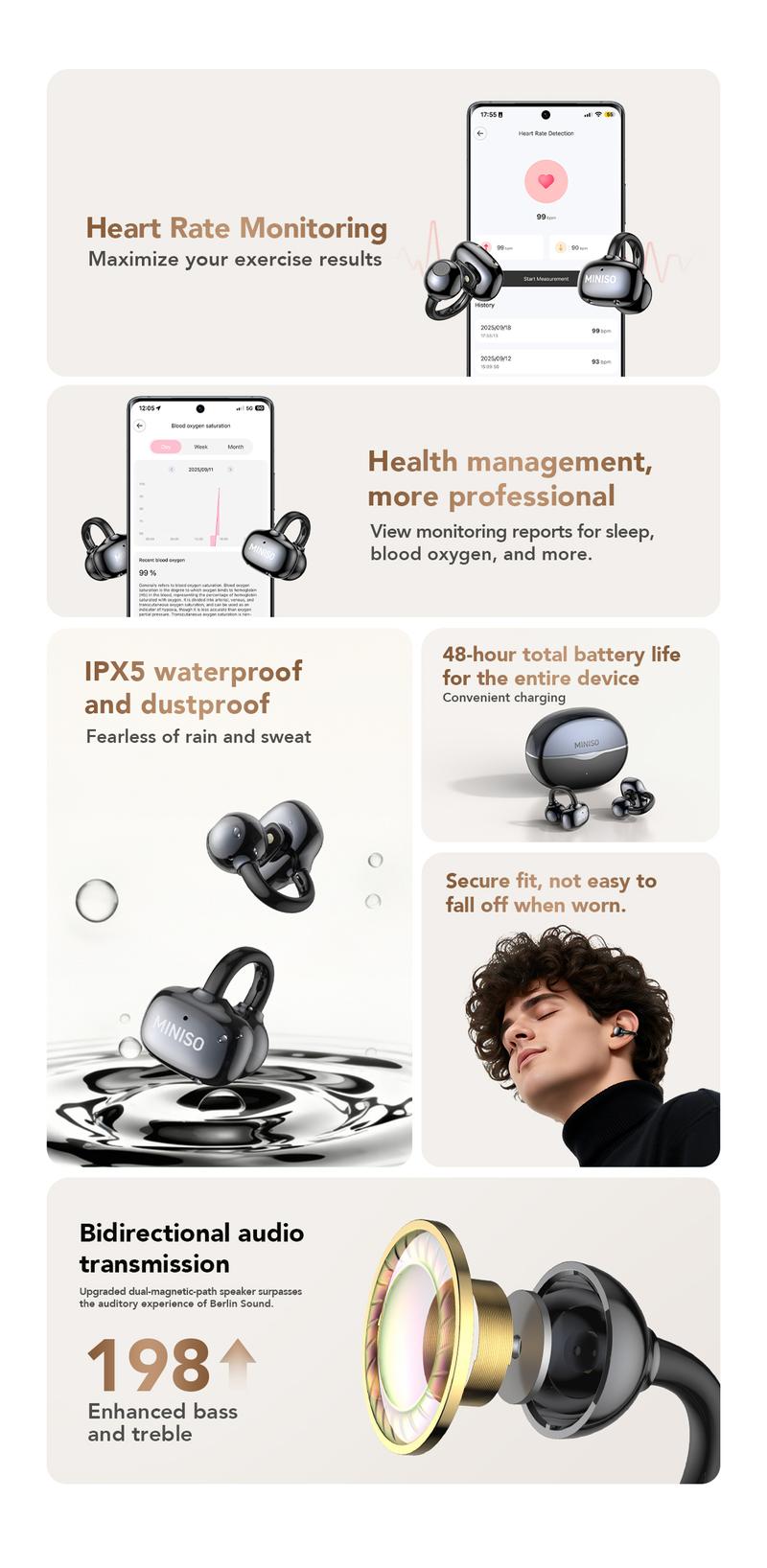 MINISO MS503 Heart Rate Monitoring Earbuds, Support Heart Rate and Blood Oxygen Detection,Clip On Wireless Headphones, Bluetooth 6.0 Earphones,  IPX5 Waterproof Audio Earbuds for Music & Calls, Comfortable for Sports