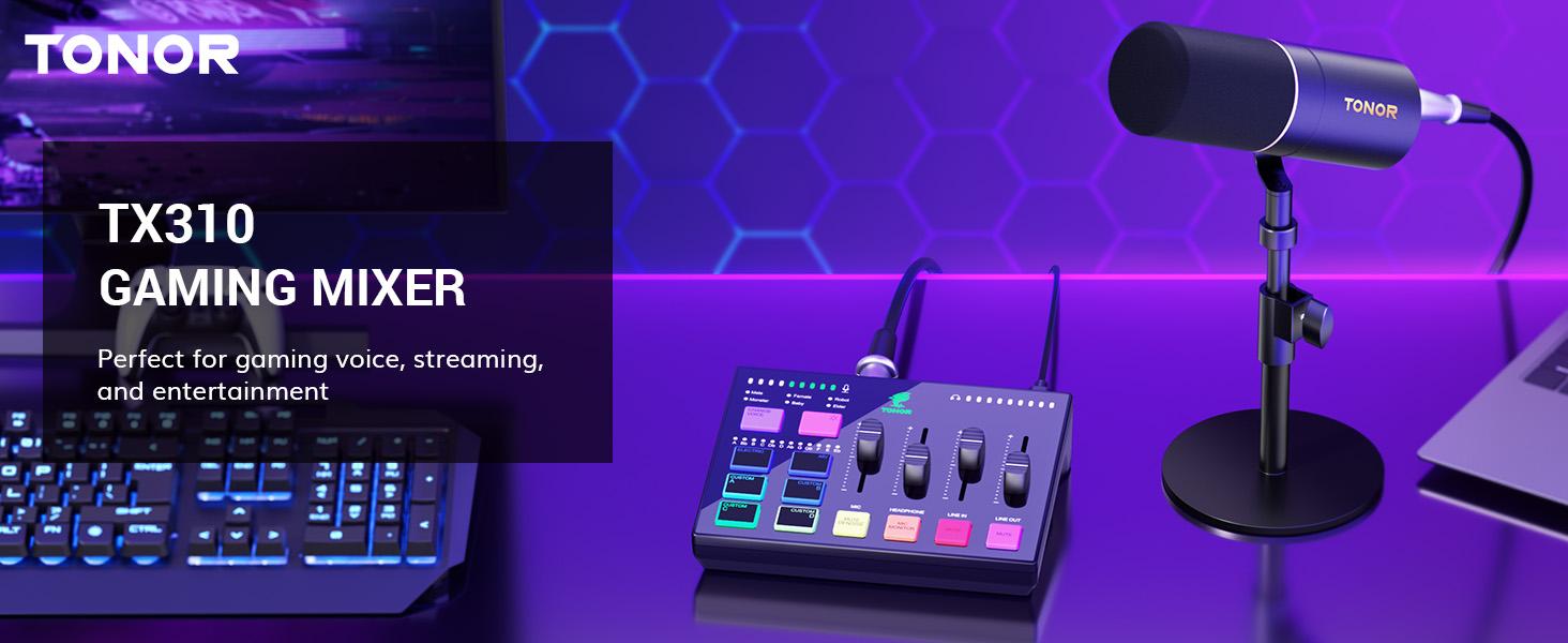 TONOR TX310 Gaming Audio Interface, RGB Mixer with Pro-preamp, 6.5mm & XLR Channels, Support for Instrument Input, for Gaming & Live Streaming