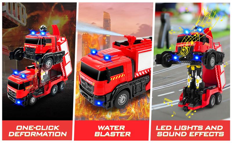 Remote Control Fire Truck with LED Sounds, RC Car Toy with 3pcs Small Firetrucks and 10pcs Roadblock Models, One Button Press Spraying Water Transformer Fire Truck for Kids Toddlers Boys