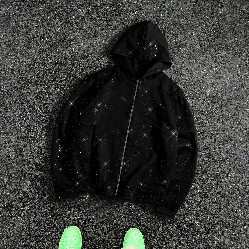 Men's Gypsy star design shiny zipper hooded sweater, soft and skin-friendly fabric, pocket design, street trendy cool style, daily going out on the street, casual commuting adaptation, personalized trend couples versatile wear