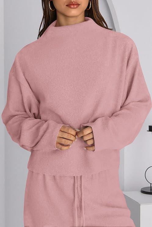PrettyGarden Women's Mock Neck Knitted Two Piece Sets Fall Sweatsuit Long Sleeve Knit Tops Wide Leg Pants Lounge Set Airport Outfits,Comfy Womenswear