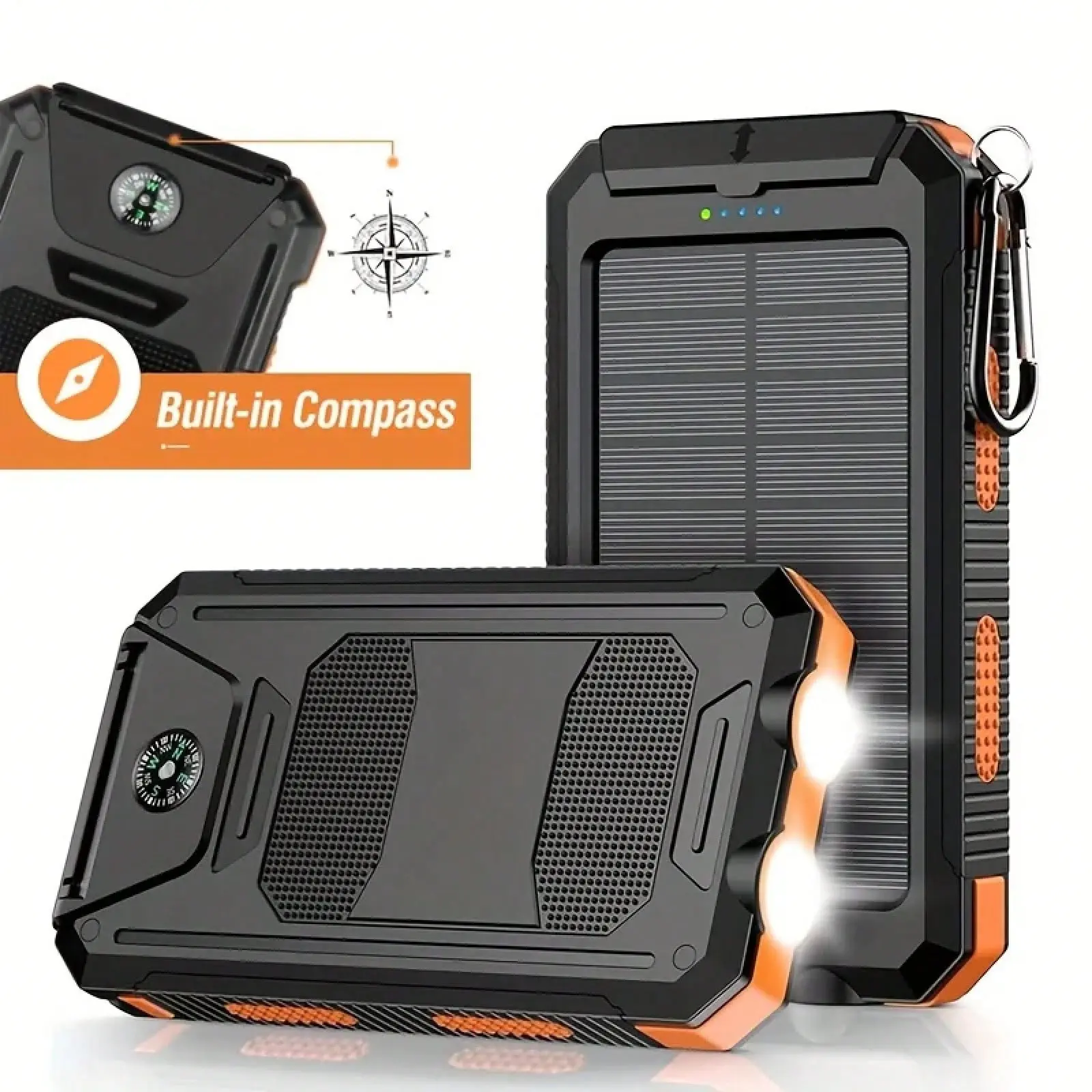 10000mAh Portable Solar Charger Power Bank, Bright LED Emergency Flashlight, Dual High-Speed USB-A Output, IP Waterproof Outdoor Survival Power Supply ﻿