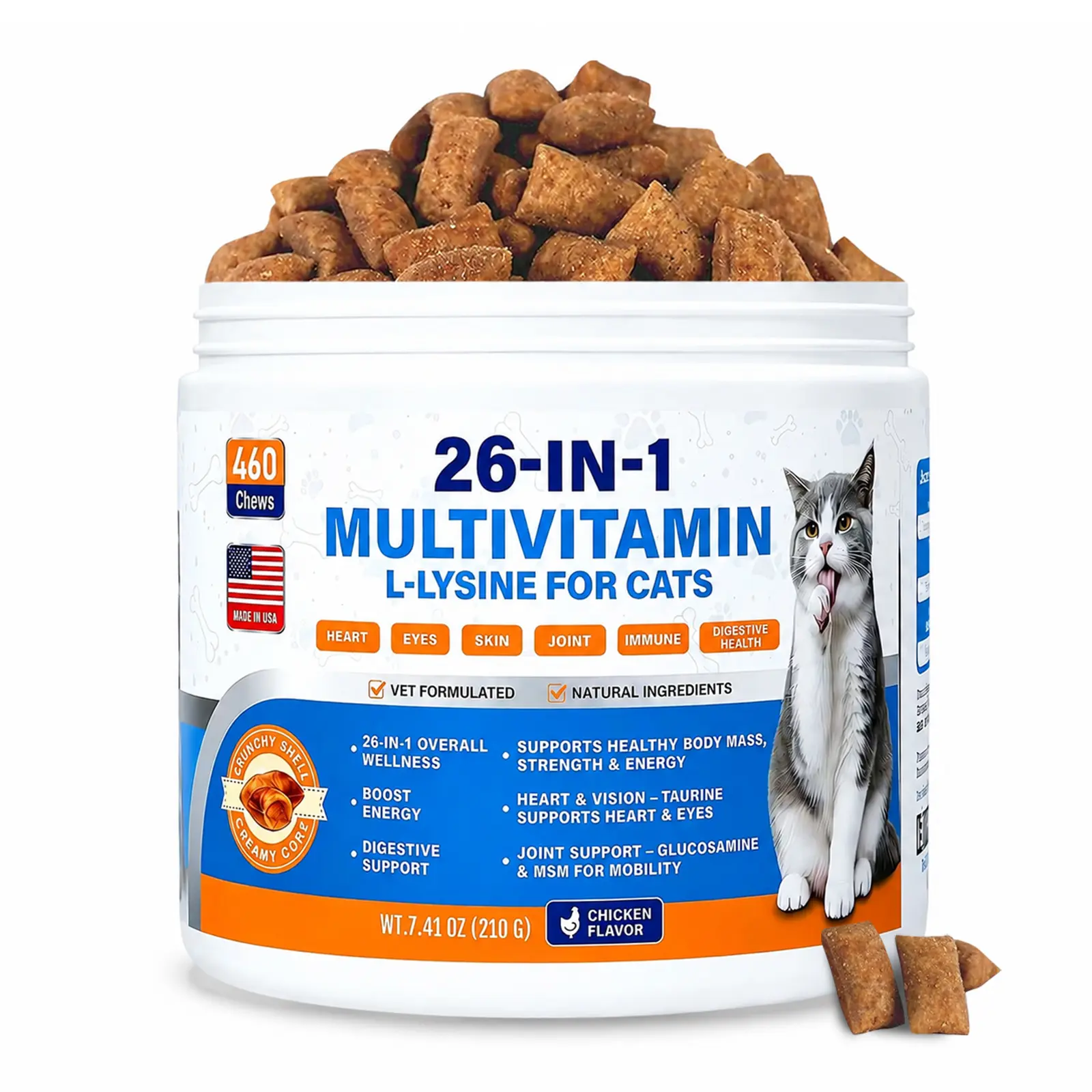 Cat Multivitamin Treats, 26-in-1 Lysine & Taurine for Cats with Turmeric, MSM, Glucosamine & Omega, Support Immune, Skin, Joint, Heart, Eyes, Cat Vitamis and Supplements for All Ages & Breeds, Chicken Flavor, 460 Count