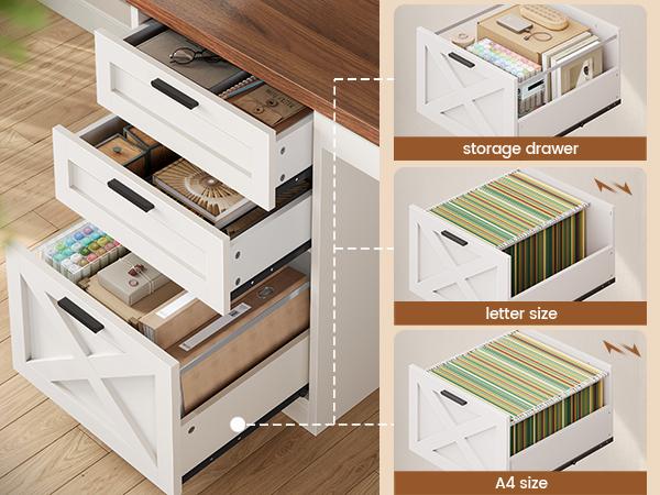 SEDETA 67 Inch Farmhouse L Shaped Executive Computer Desk with 3 Drawers Storage Shelves Power Outlets