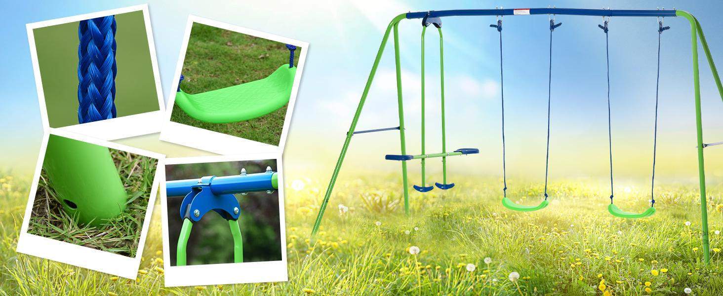 #dealsforyoudays Outsunny Swing Set for Backyard, Heavy-Duty A-Frame Stand Outdoor Playset for Kids, with Saucer Swing, Slide, Swing Seats, Glider Set