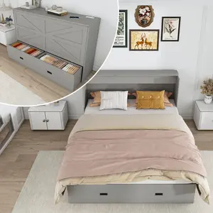 57 Inch Full Size Murphy Bed with Storage Drawers & Charging Cabinet, Foldable Panels & Swivel Wheels, Space-Saving Wall Bed for Guest Room, Living Room, Office, Solid Wood + MDF Construction