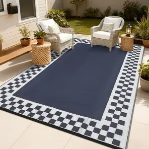 Outdoor Patio Rug Double-sided Reversible Modern Geometric Plastic Straw Woven Outdoor Rug Easy to Clean with Pegs and Storage Bag for Gardens Backyards Balconies Camping Beaches RVs