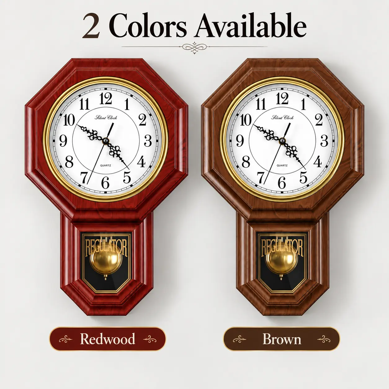 Vintage Pendulum Wall Clock, Quiet Quartz Clock with Large Easy-to-Read Numbers, Classic Decorative Wall Clock for Living Room, Kitchen, Office & Bedroom, Redwood/Brown